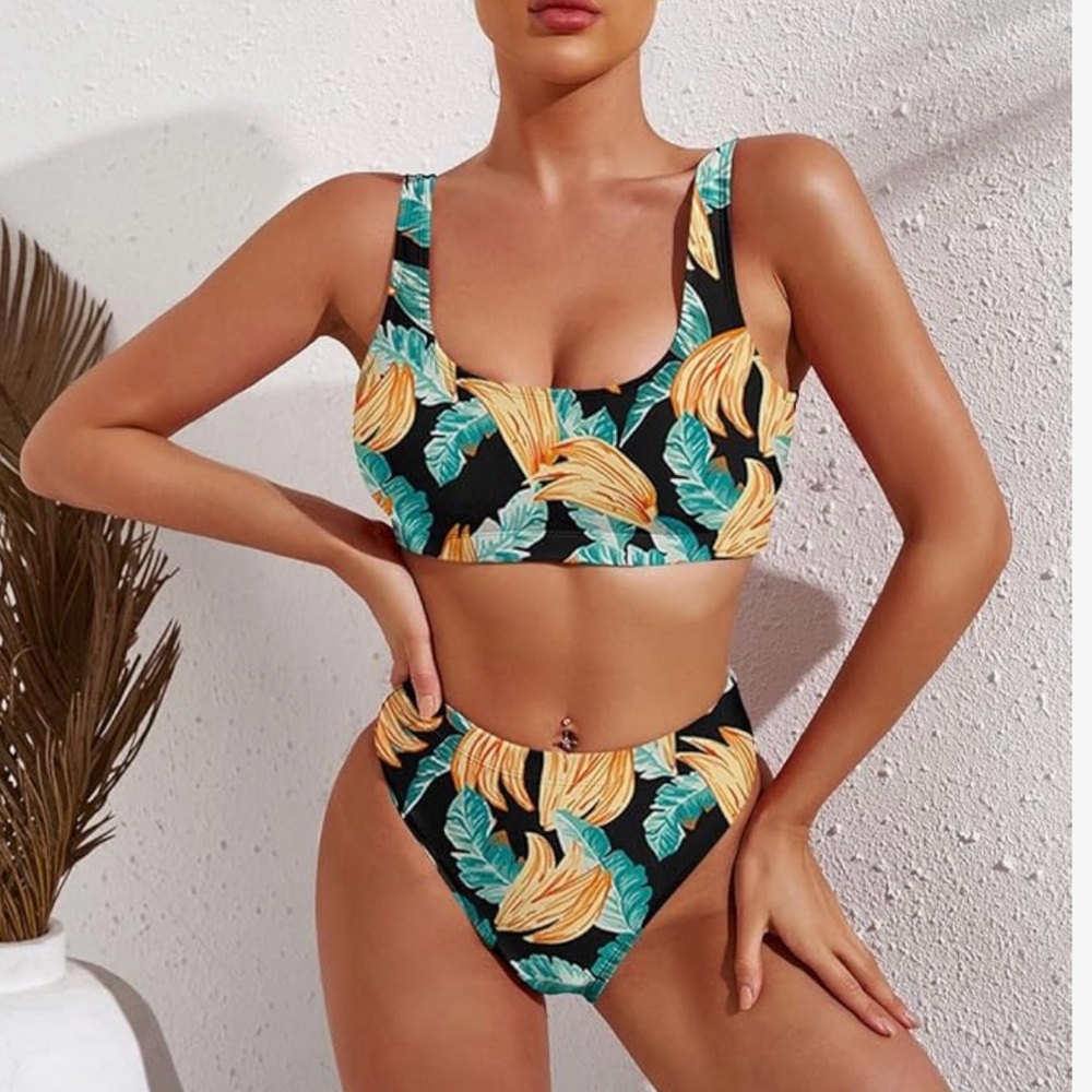 Pink Queen l Crop Top High Waisted Cheeky Bikini Set Tropical Print Swimsuits L
